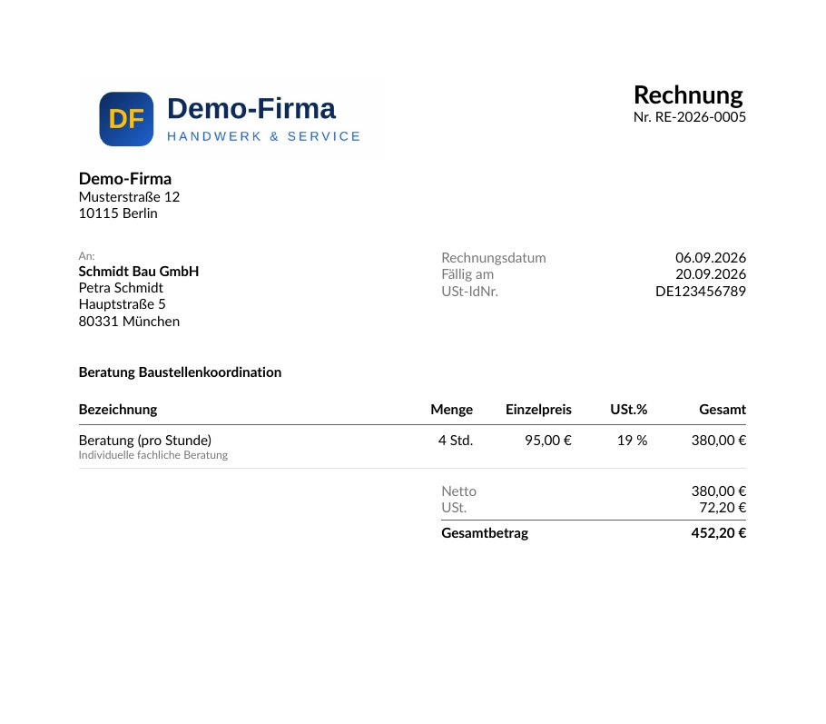 Beispiel einer mit cleveroffice.cloud erstellten Rechnung mit Logo
