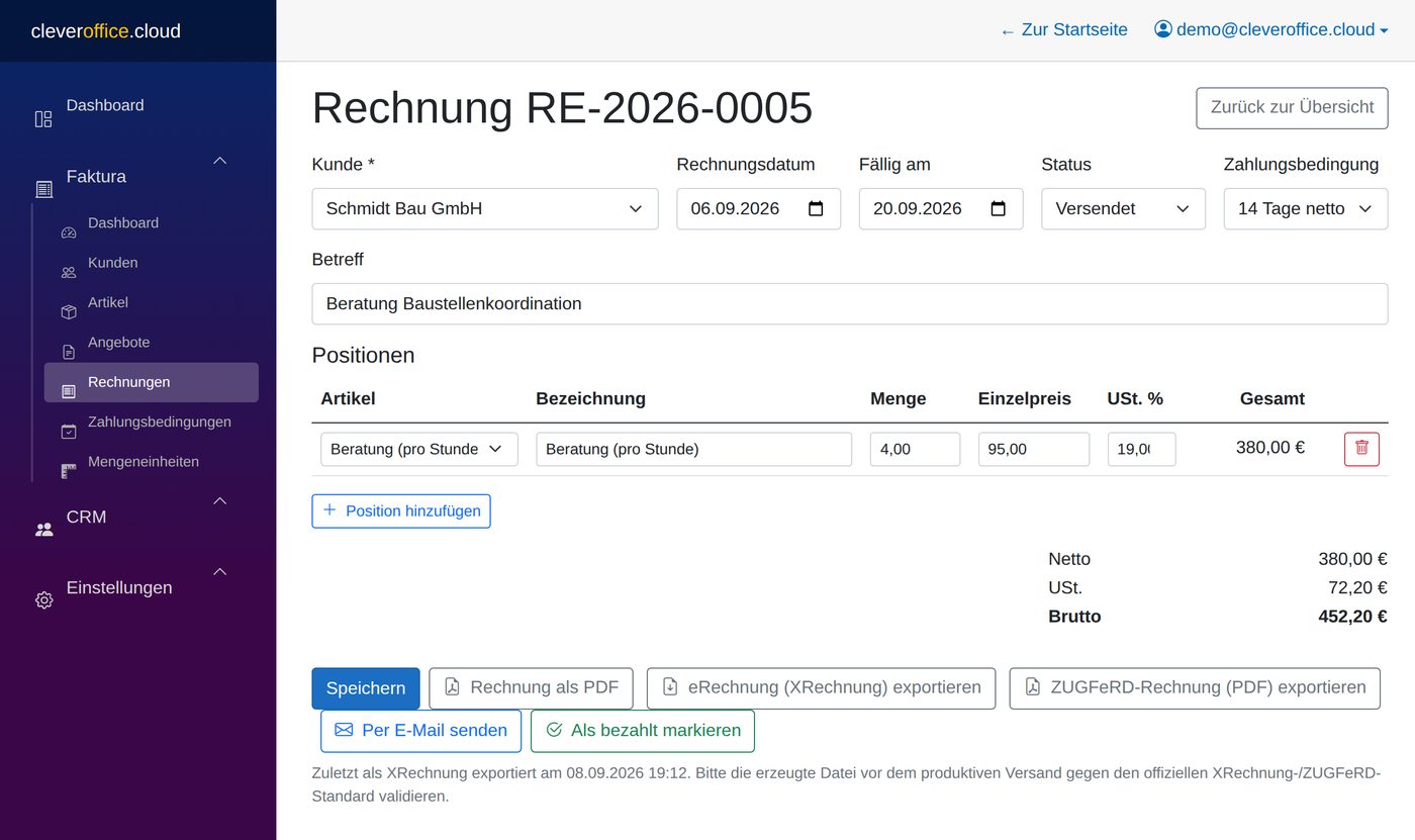 Rechnung in cleveroffice.cloud mit Export als PDF, XRechnung und ZUGFeRD